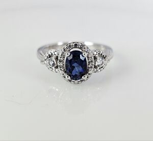 Genuine Blue Sapphire Ring Sterling Silver Rhodium Overlay! Size 7!